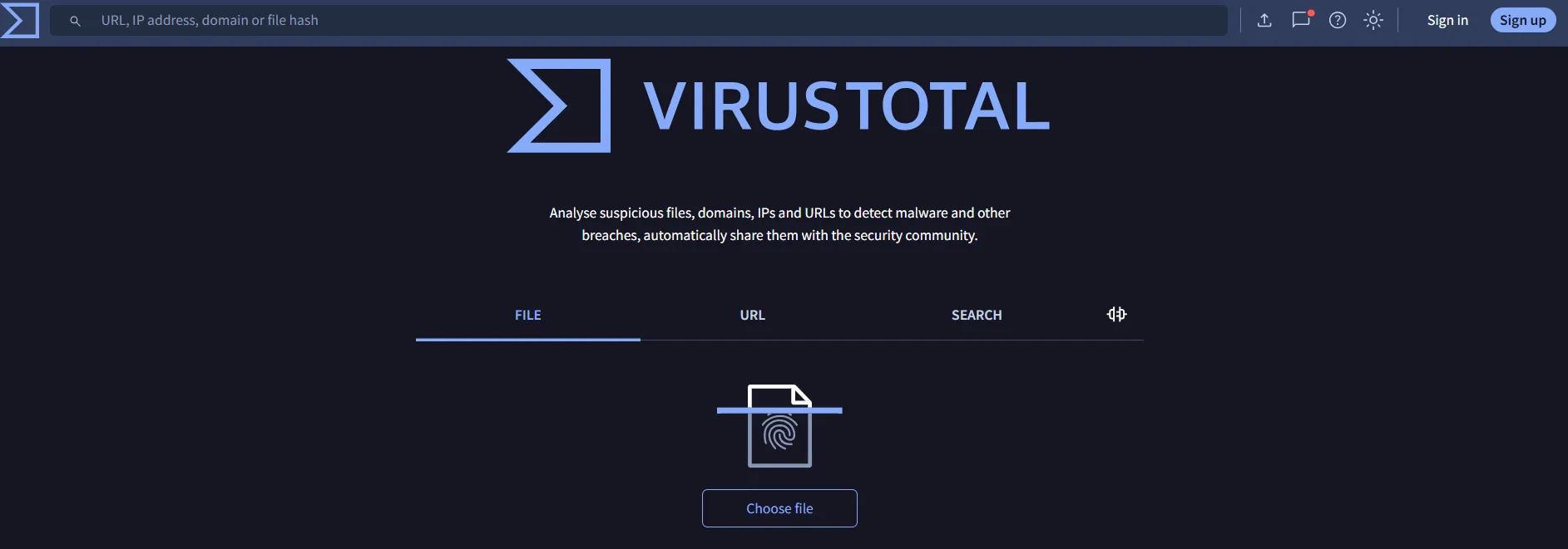 Página de inicio de VirusTotal con las pestañas FILE, URL y SEARCH, y el botón “Choose file” para subir un archivo a analizar